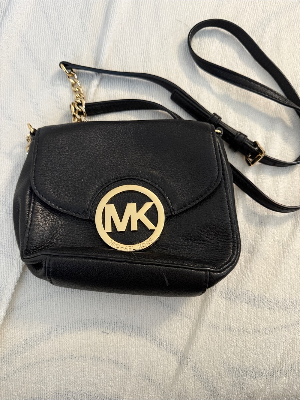 Michael Kors Black Leather Crossbody with Gold MK Emblem